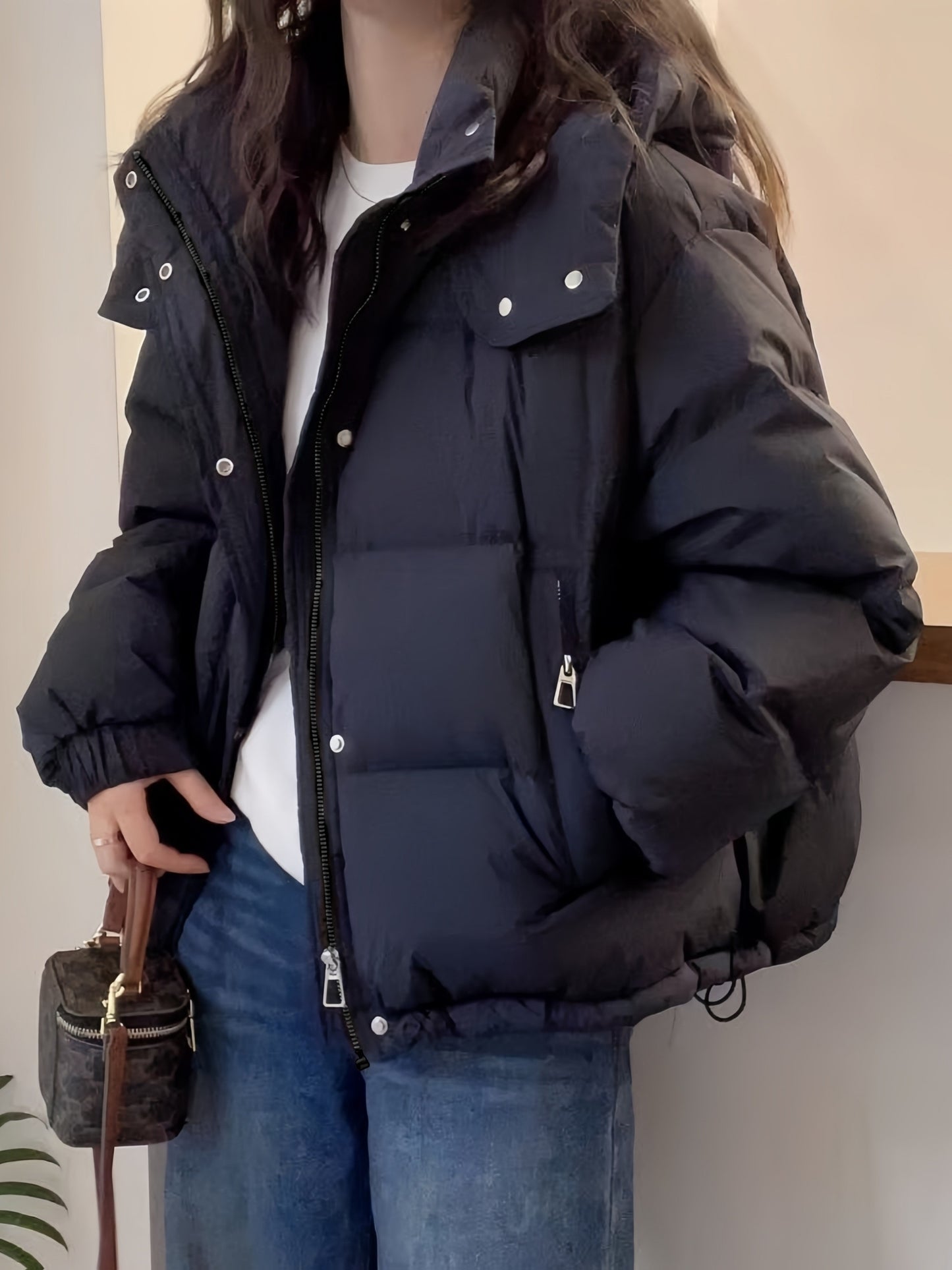 Padded Hooded Coat for Women, Quilted Loose Fit with Cargo Pockets
