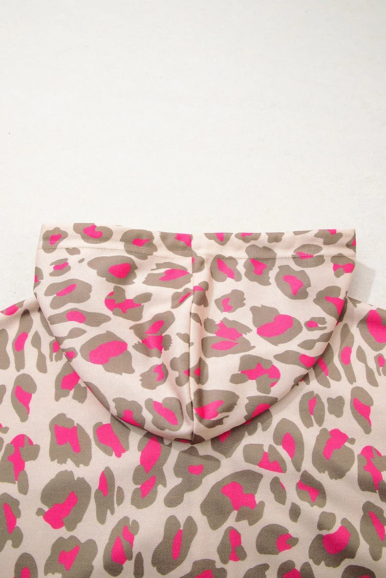 Beige and pink leopard print zip-up hoodie