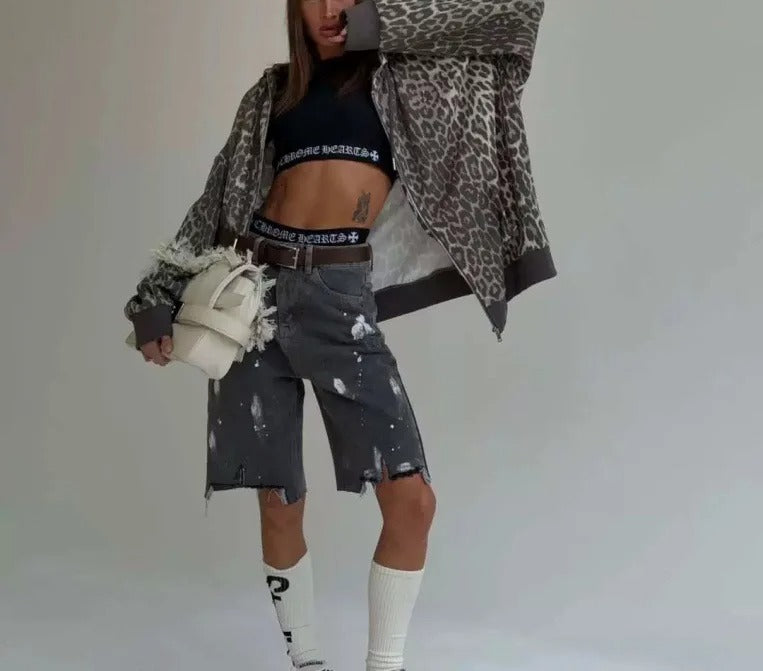 Grey leopard print zip-up hooded jacket
