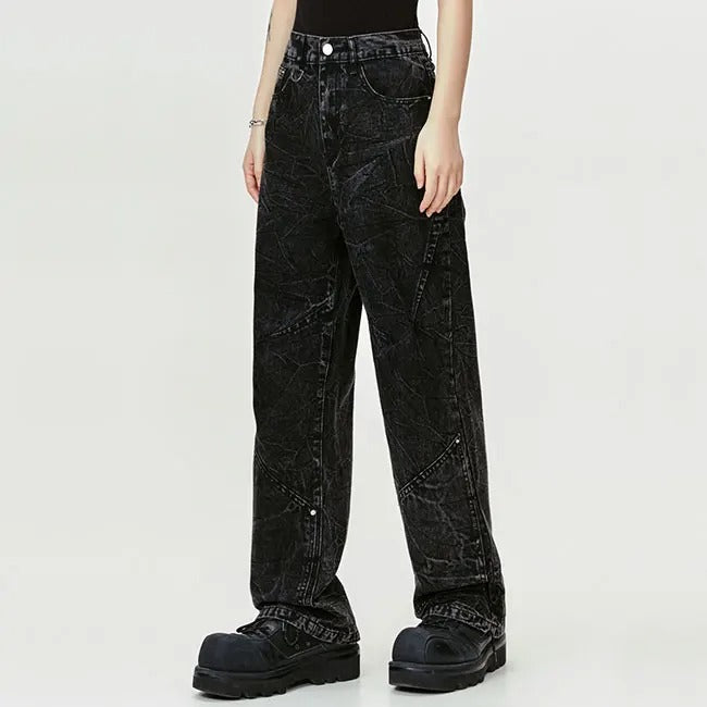Wide-Leg Black Jeans with Textured Wash Effect