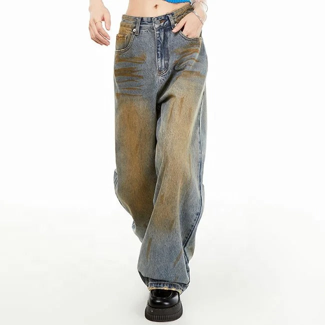 Wide-Leg Blue Jeans with Brown Wash Effect