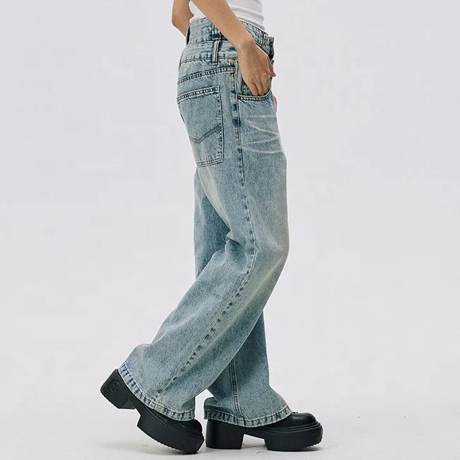 Wide-Leg Light Blue Jeans with Double Waistband Detail