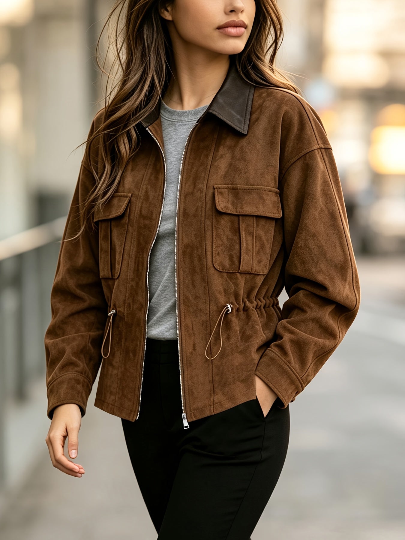 Women’s Drawstring Waist-Cinching Jacket - Casual Corduroy Short Coat