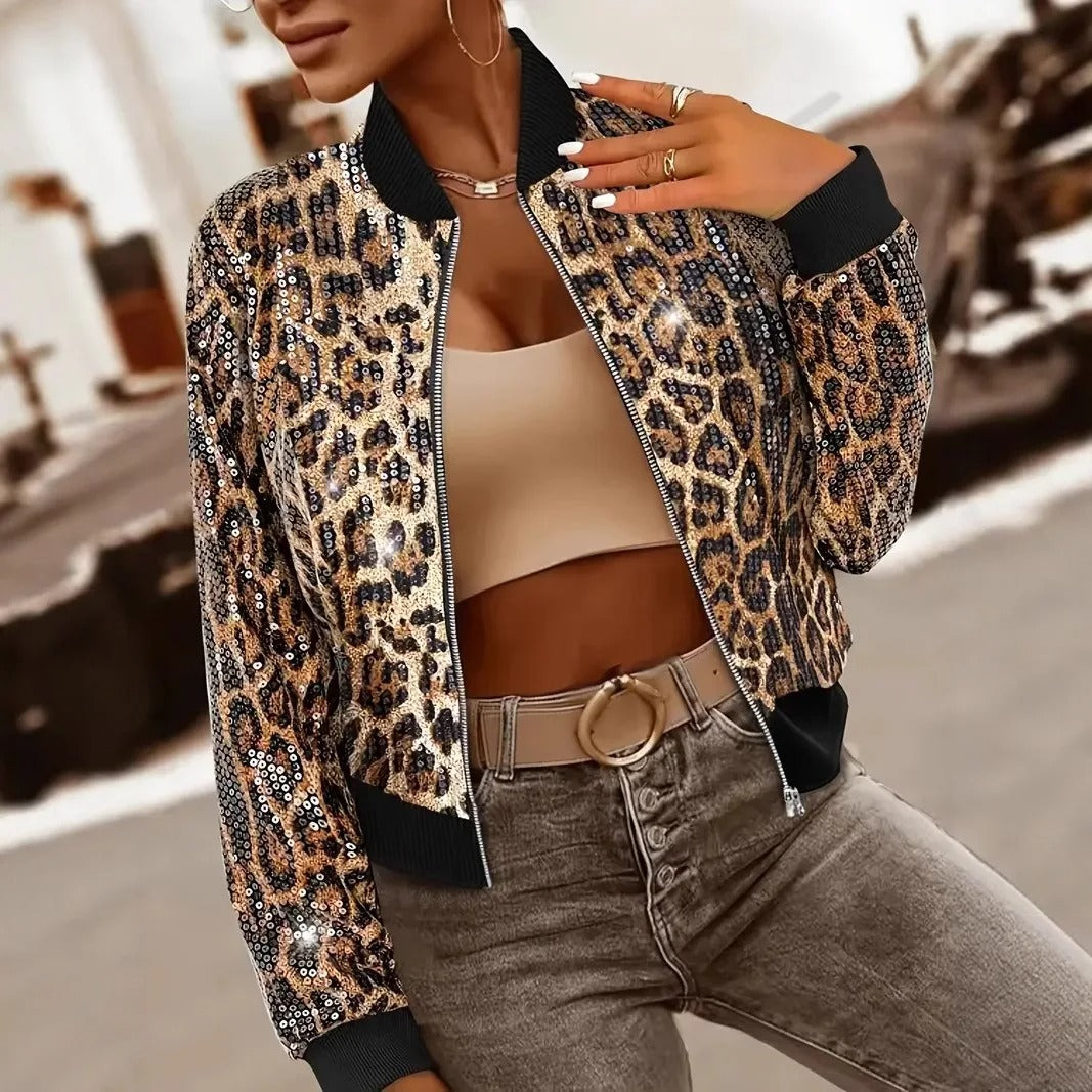 Leopard print sequin zip-up bomber jacket