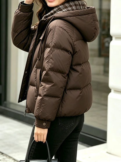 Women's Hooded Plaid Jacket - Warm Polyester Outerwear for Winter