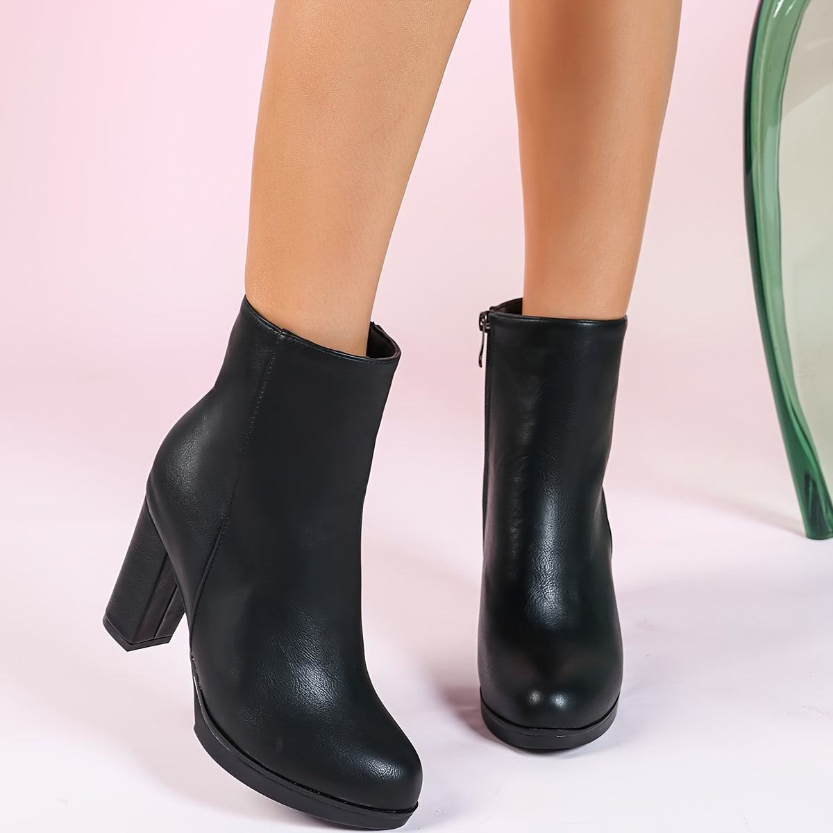 Women's Ankle Boots with Chunky Heel and Zipper Closure