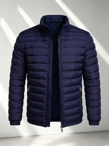 Men's College-Style Stand-Up Collar Jacket, Warm Outerwear Casual Windproof Coat with Zippered Pockets, Suitable for Winter Wear