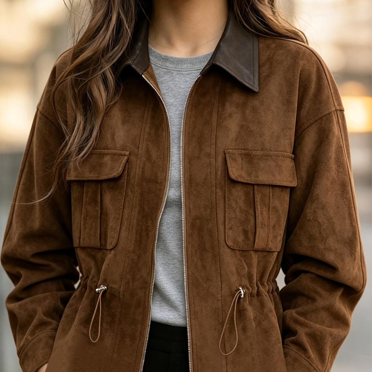 Women’s Drawstring Waist-Cinching Jacket - Casual Corduroy Short Coat