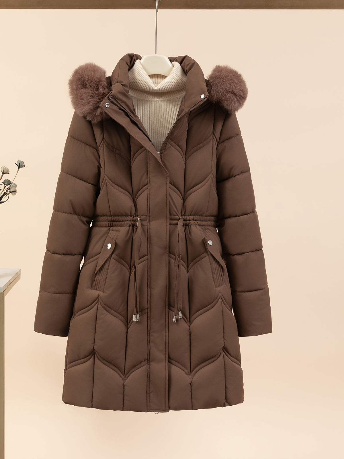 Women’s Long-Sleeve Faux Puffer Jacket, Slim Fit Warm Coat
