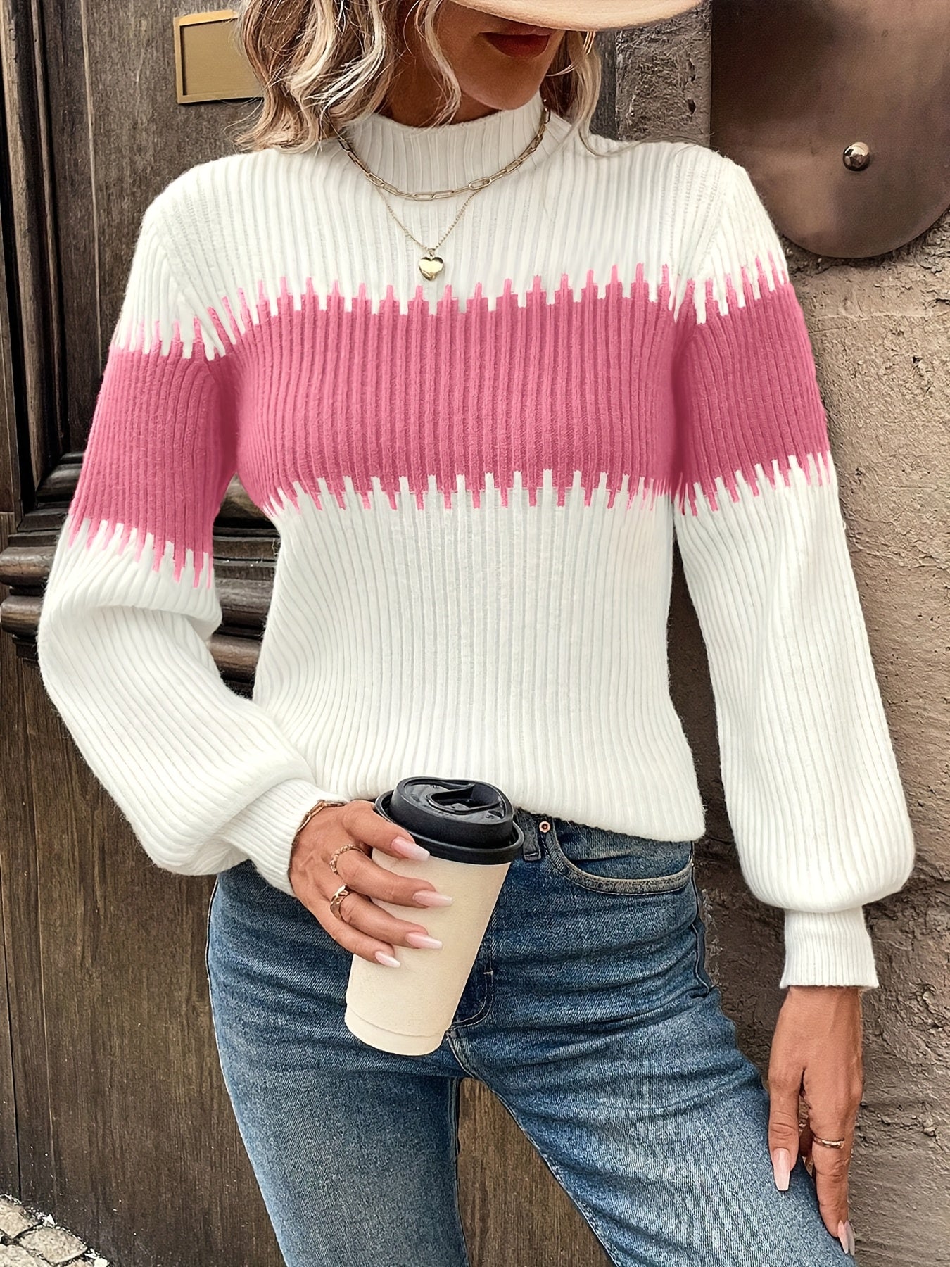 Women's Half-Turtleneck Lantern Sleeve Sweater for Refined Comfort