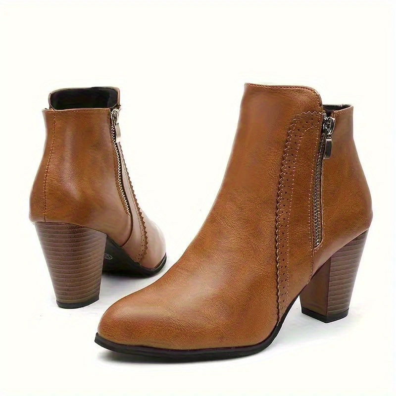 Women's Side-Zip Ankle Boots - Block Heel, Comfortable PU Material