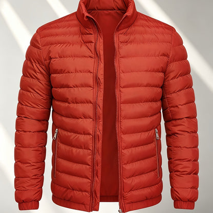 Men's College-Style Stand-Up Collar Jacket, Warm Outerwear Casual Windproof Coat with Zippered Pockets, Suitable for Winter Wear