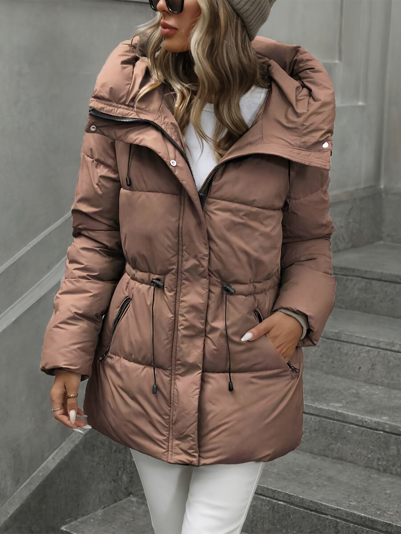 Women’s Windproof Hooded Jacket with Zippered Pockets - Midi Length
