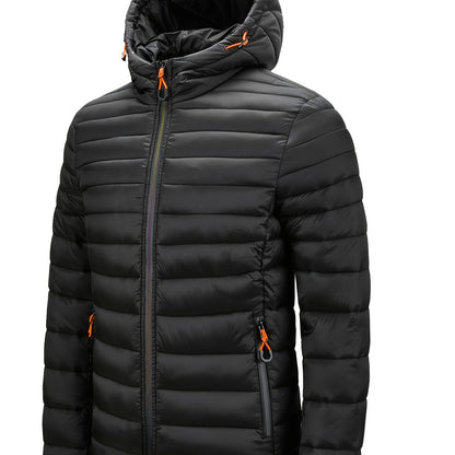 Men's Hooded Quilted Winter Jacket with Zipper Pockets