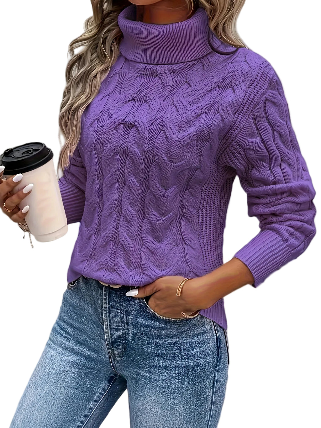 Ladies' High-Neck Sweater in Soft Stretch Fabric for Comfortable Wear