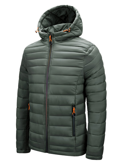 Men's Hooded Quilted Winter Jacket with Zipper Pockets