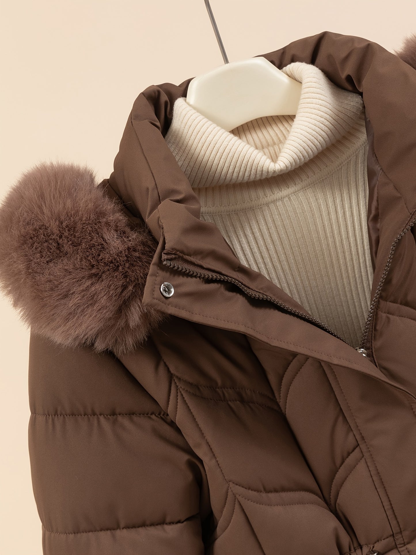 Women’s Long-Sleeve Faux Puffer Jacket, Slim Fit Warm Coat