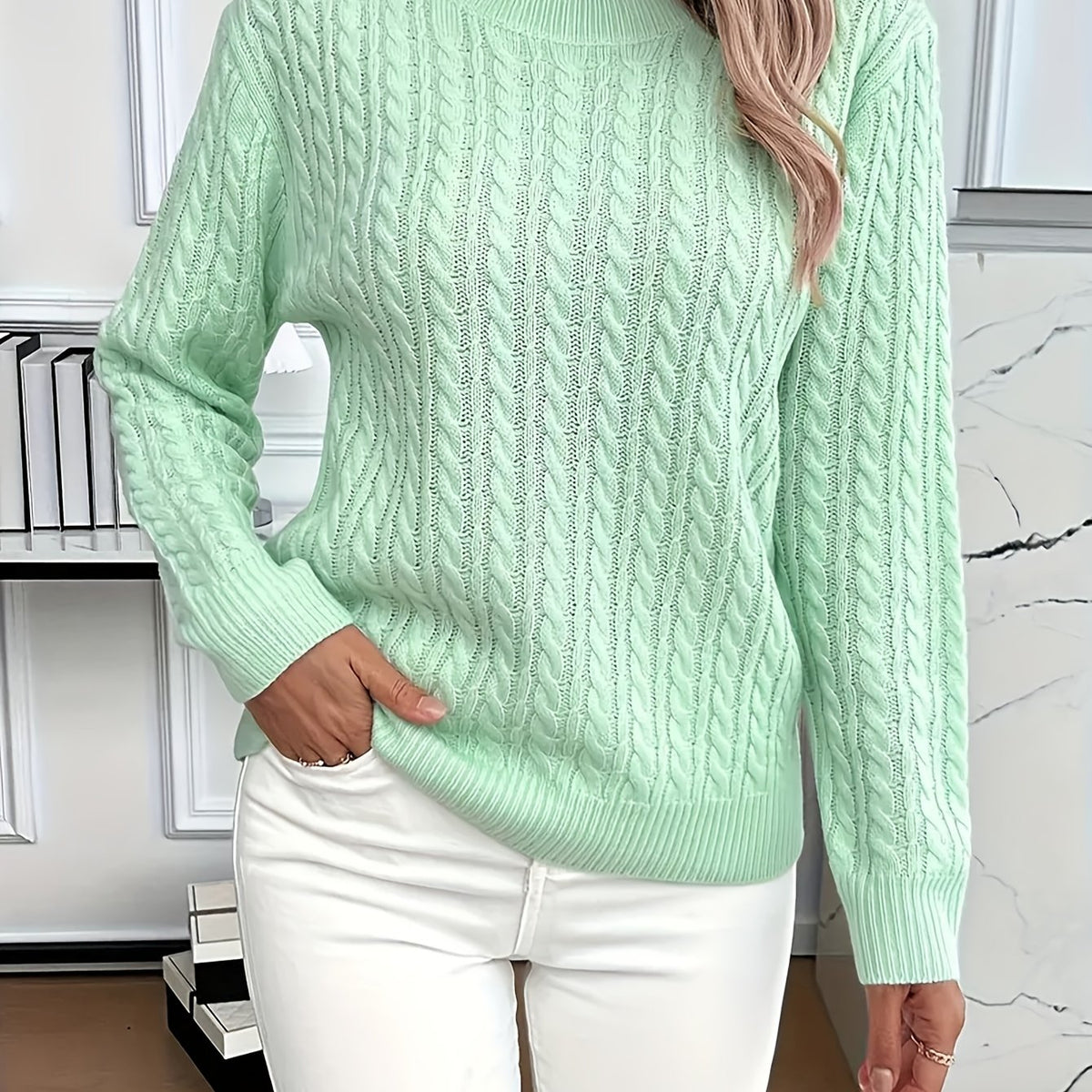 Women's Casual Loose-Fit Round Neck Long Sleeve Pullover Sweater
