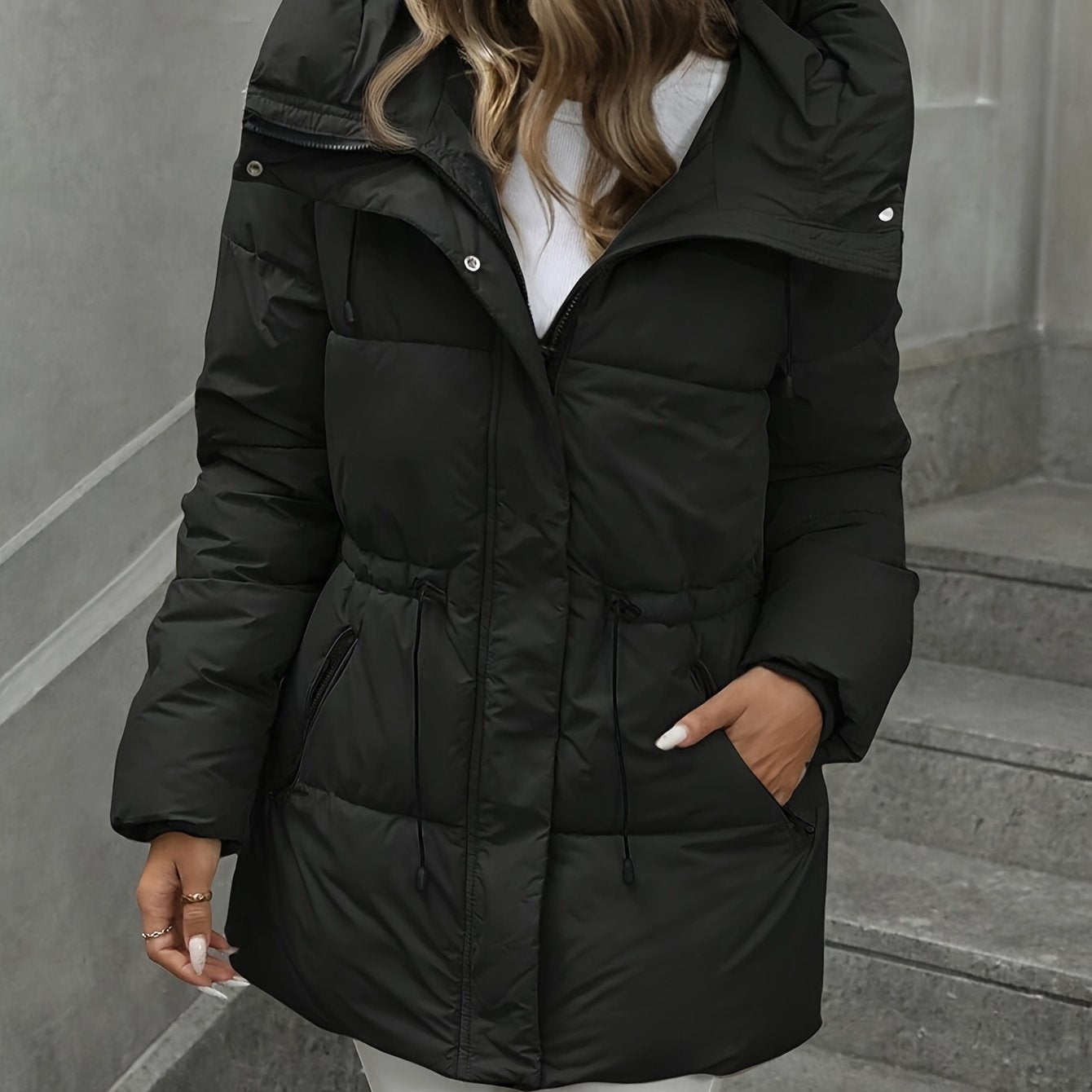 Women’s Windproof Hooded Jacket with Zippered Pockets - Midi Length
