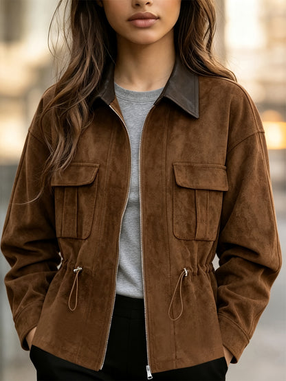 Women’s Drawstring Waist-Cinching Jacket - Casual Corduroy Short Coat