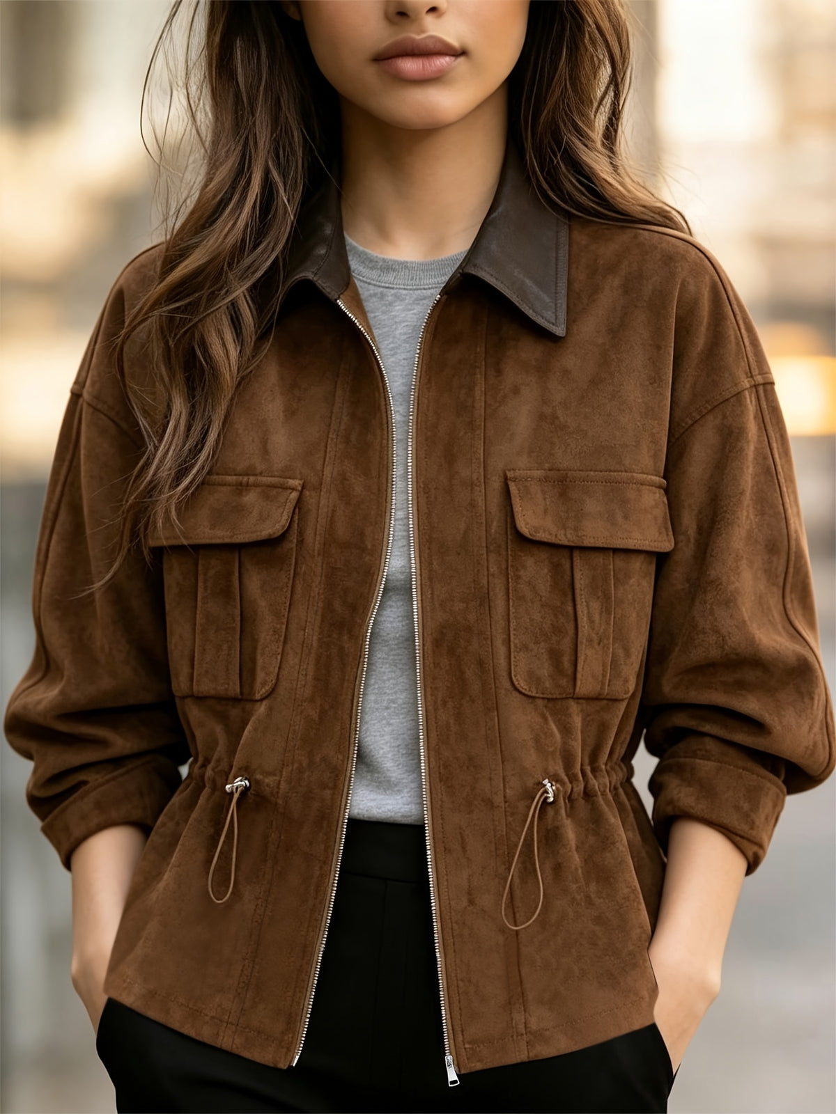 Women’s Drawstring Waist-Cinching Jacket - Casual Corduroy Short Coat