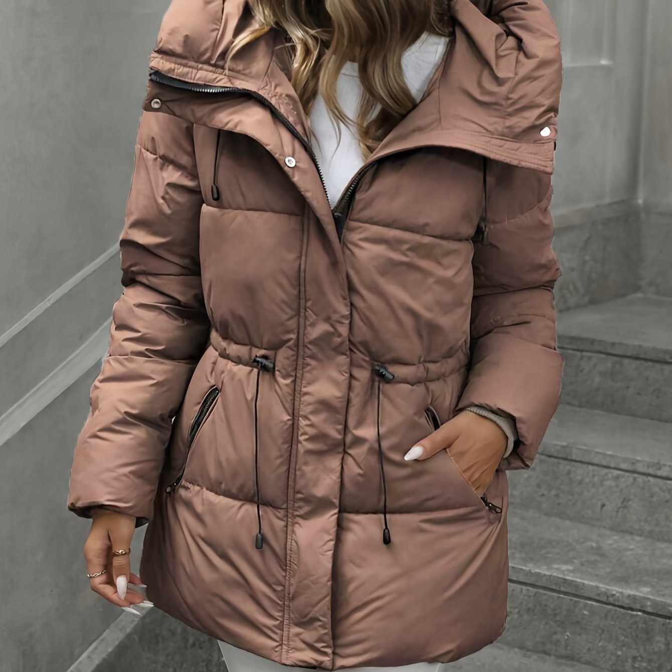 Women’s Windproof Hooded Jacket with Zippered Pockets - Midi Length