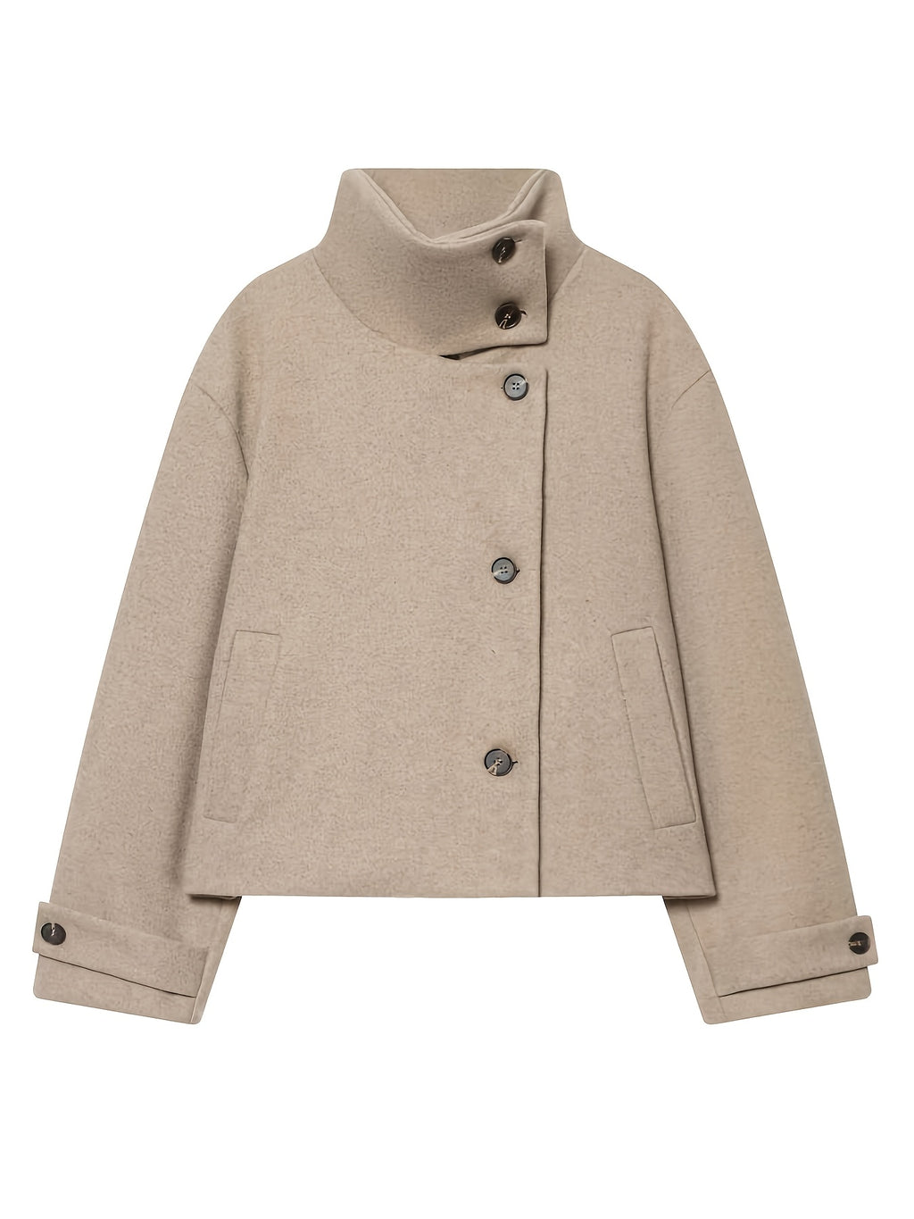 Autumn Winter Women's Stand Collar Cross-Button Coat with Pockets