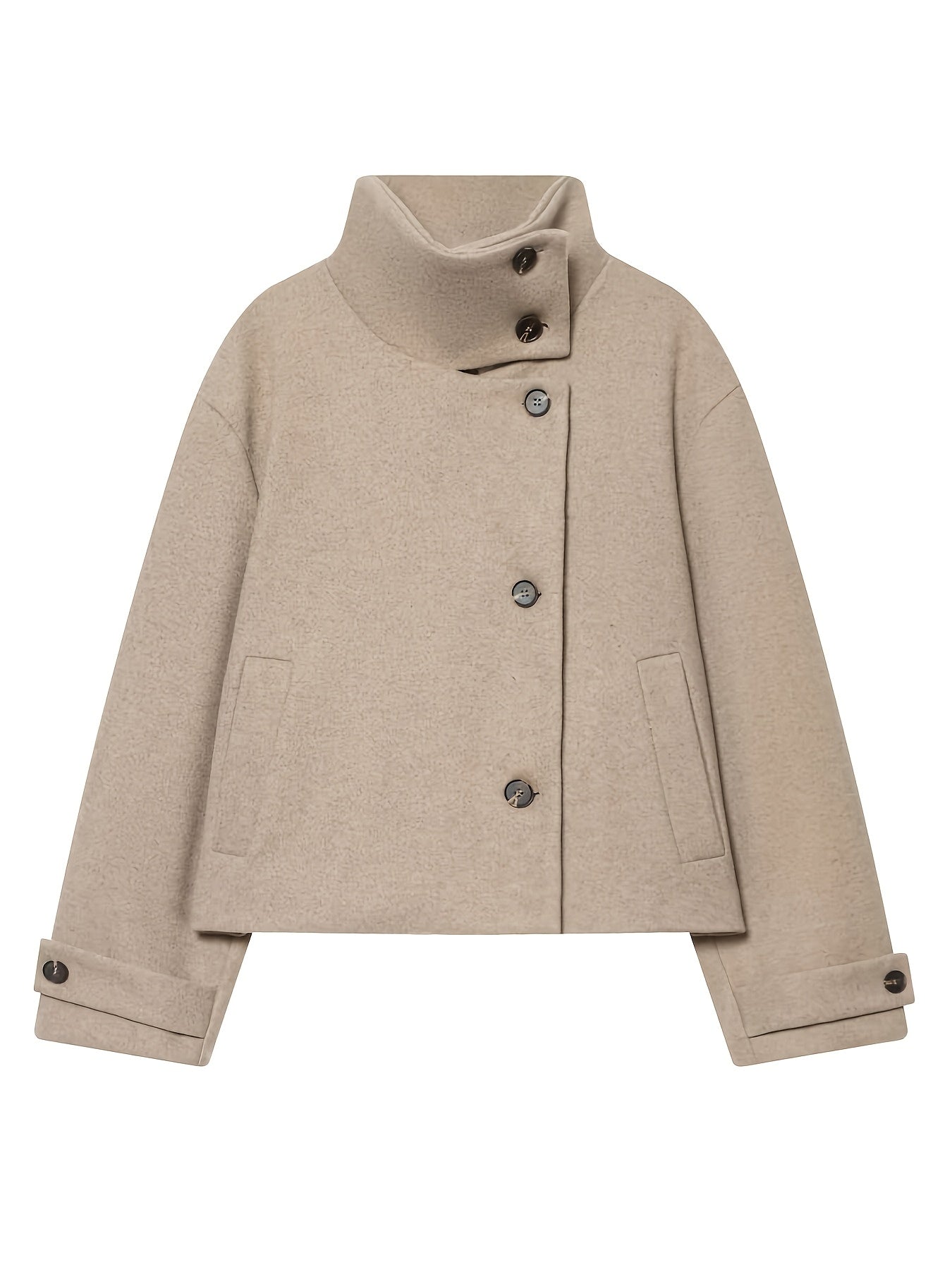 Autumn Winter Women's Stand Collar Cross-Button Coat with Pockets
