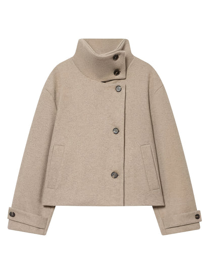 Autumn Winter Women's Stand Collar Cross-Button Coat with Pockets