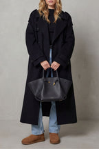 Belted Oversized Wool-Look Trench Coat with Double-Breasted Closure