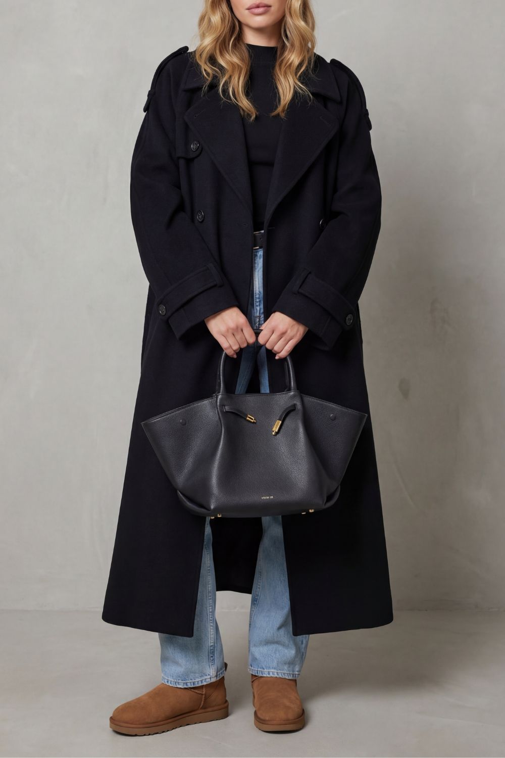 Belted Oversized Wool-Look Trench Coat with Double-Breasted Closure