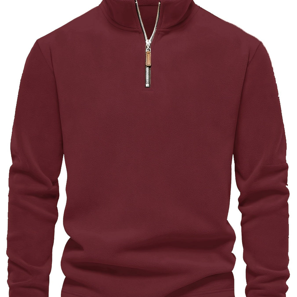 Refined Fleece Henley Sweater with Stand-Up Collar for Men