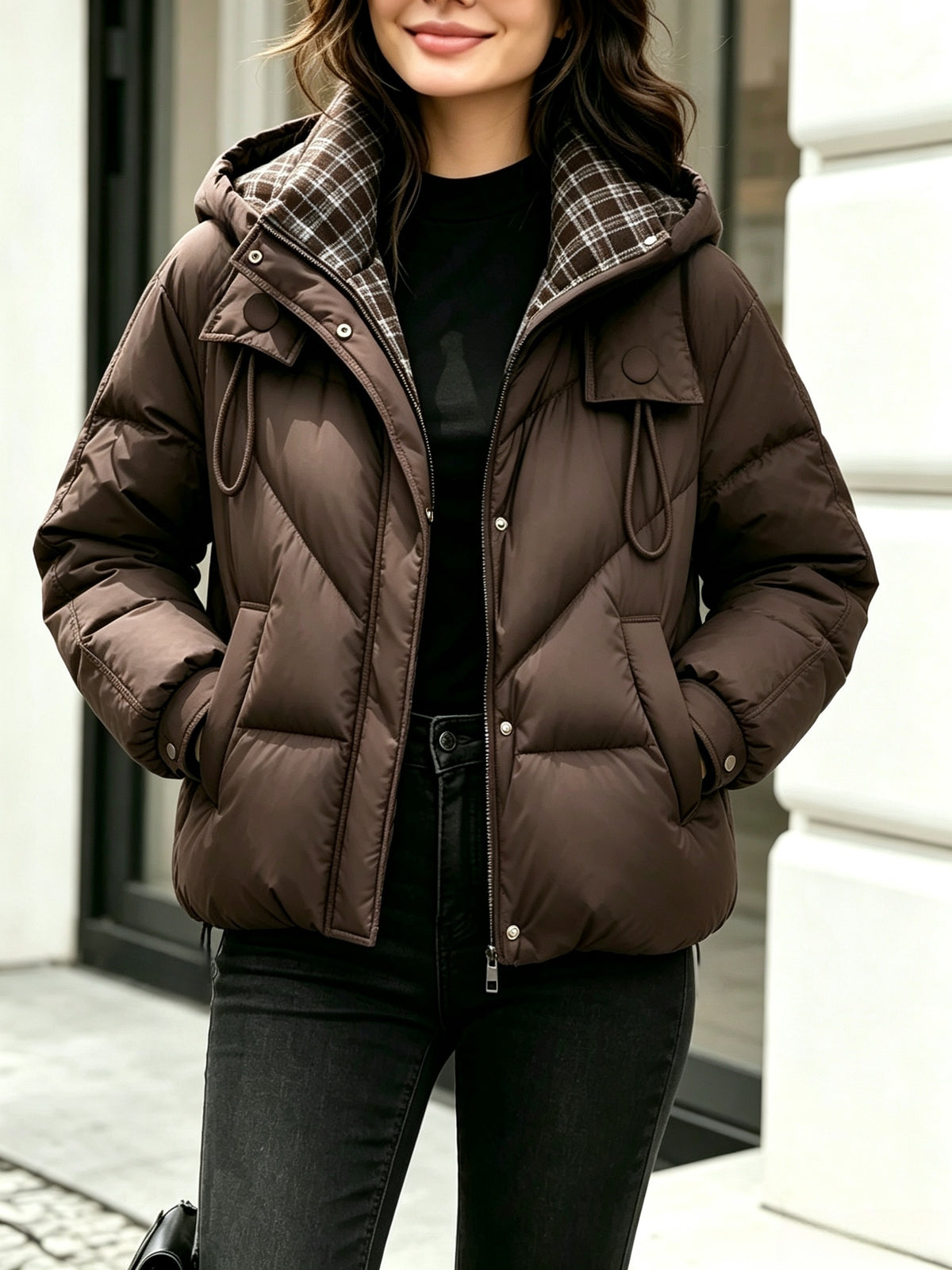 Women's Hooded Plaid Jacket - Warm Polyester Outerwear for Winter