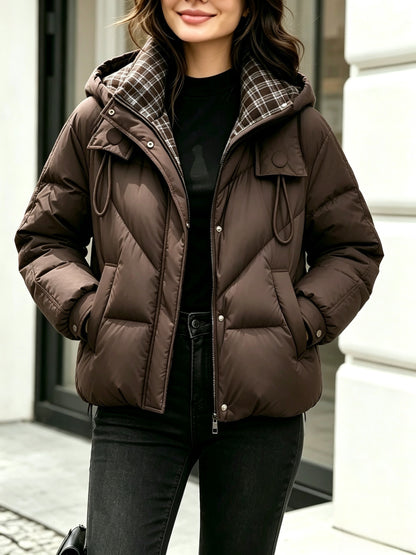 Women's Hooded Plaid Jacket - Warm Polyester Outerwear for Winter