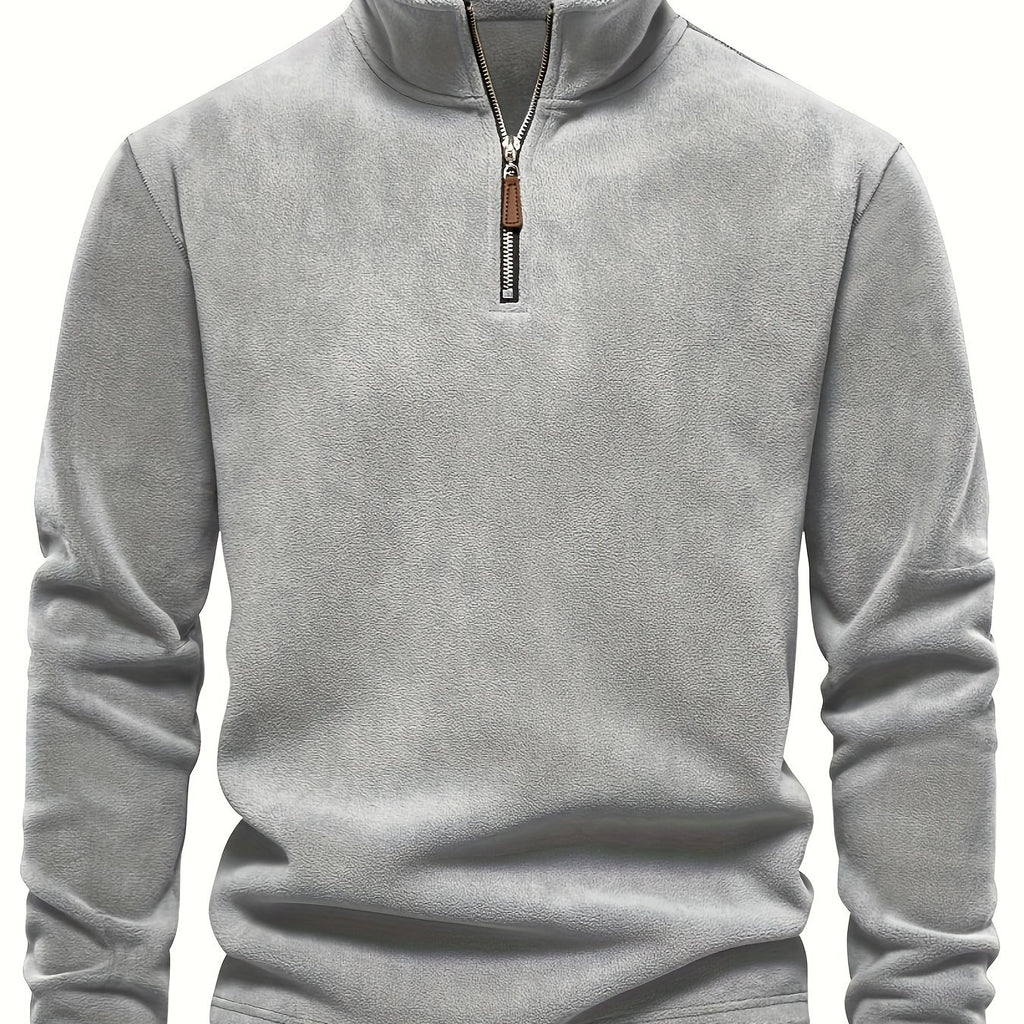 Refined Fleece Henley Sweater with Stand-Up Collar for Men