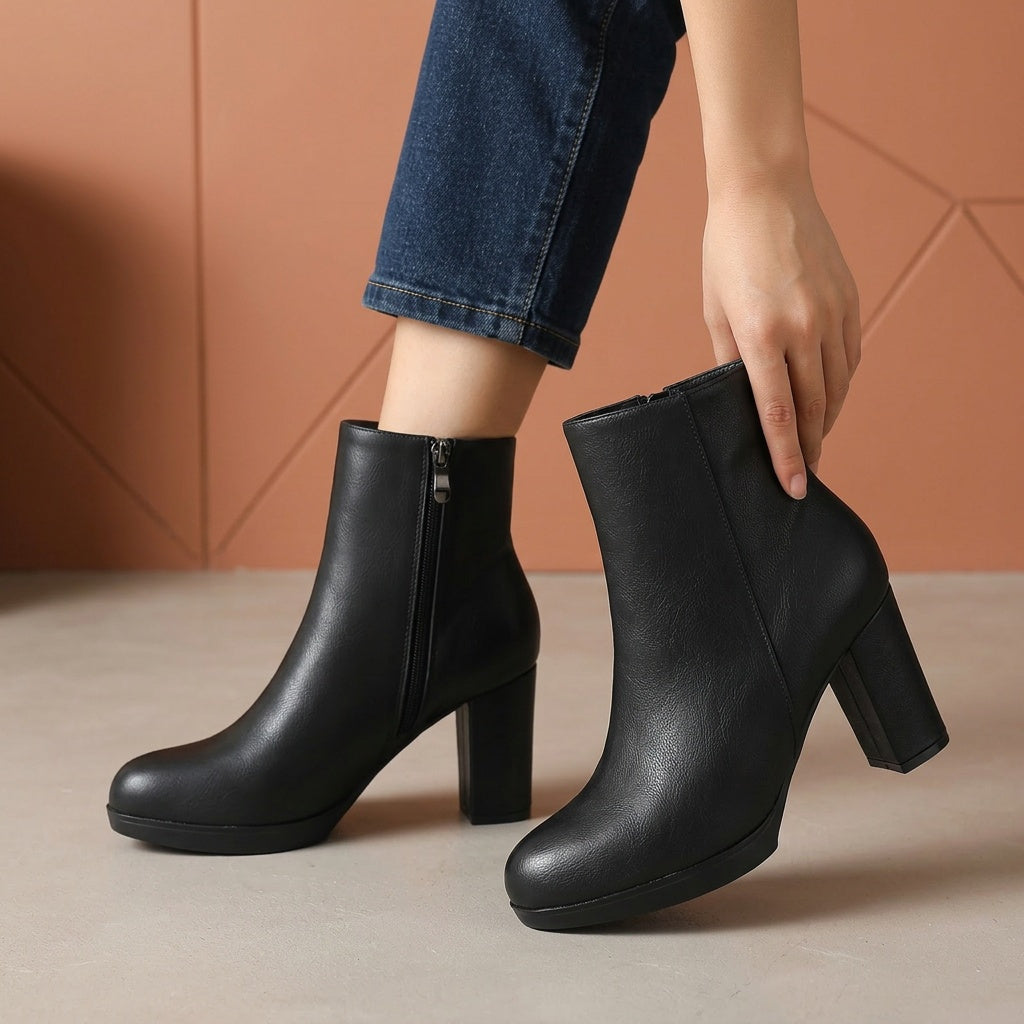 Women's Ankle Boots with Chunky Heel and Zipper Closure