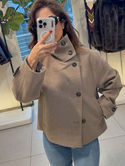 Autumn Winter Women's Stand Collar Cross-Button Coat with Pockets