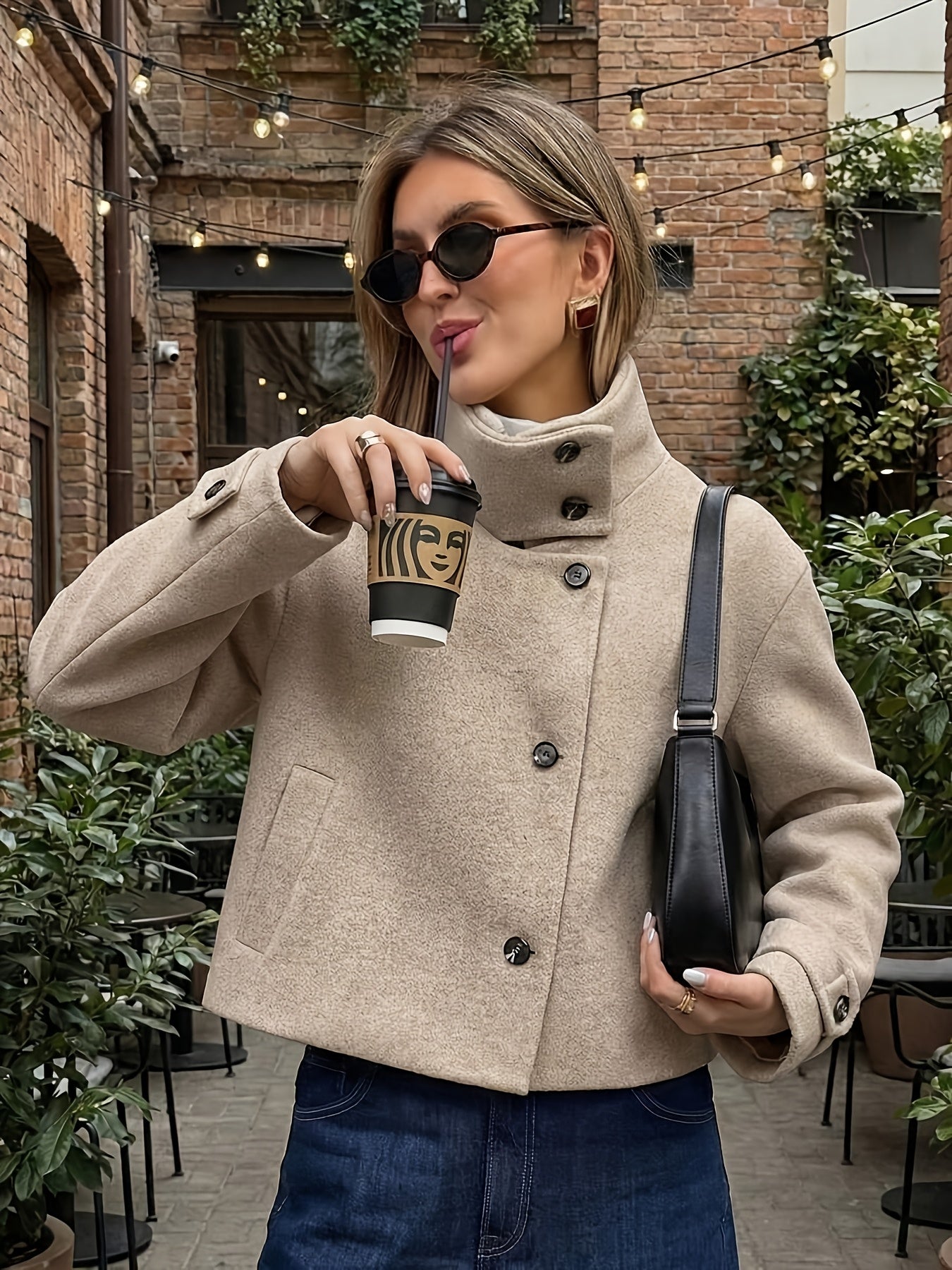 Autumn Winter Women's Stand Collar Cross-Button Coat with Pockets