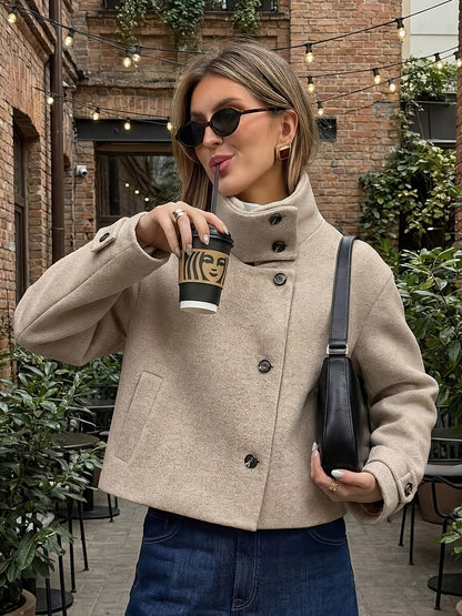 Autumn Winter Women's Stand Collar Cross-Button Coat with Pockets