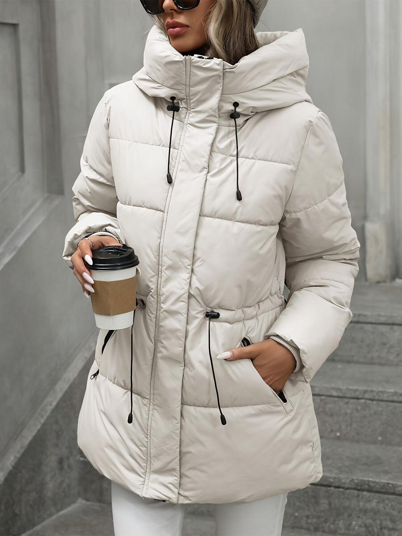 Women’s Windproof Hooded Jacket with Zippered Pockets - Midi Length