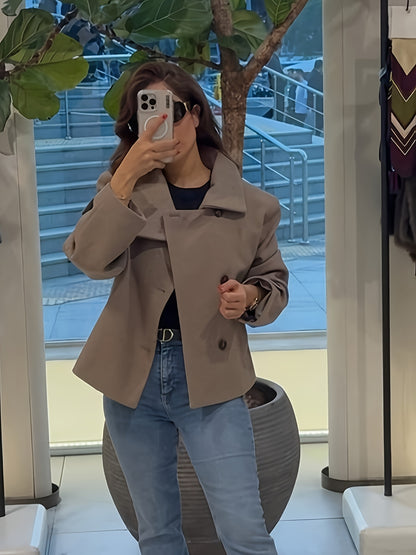 Autumn Winter Women's Stand Collar Cross-Button Coat with Pockets