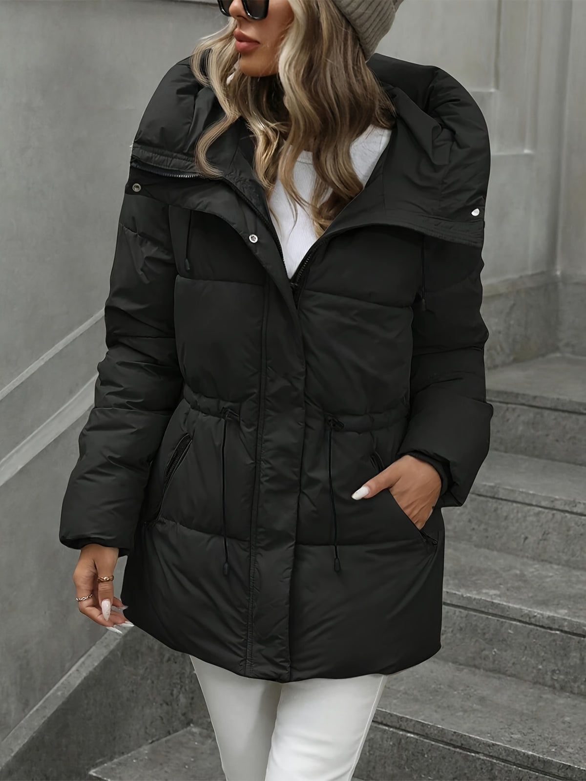Women’s Windproof Hooded Jacket with Zippered Pockets - Midi Length