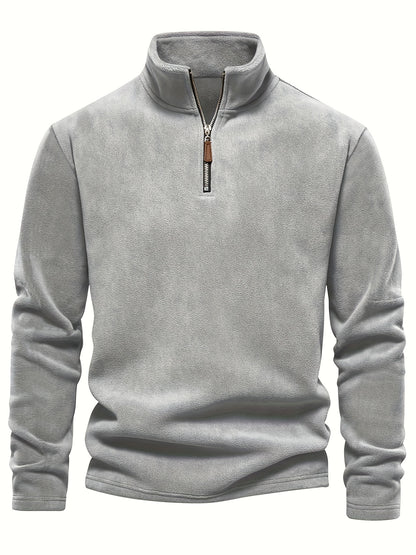 Refined Fleece Henley Sweater with Stand-Up Collar for Men
