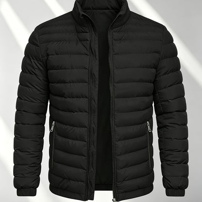 Men's College-Style Stand-Up Collar Jacket, Warm Outerwear Casual Windproof Coat with Zippered Pockets, Suitable for Winter Wear