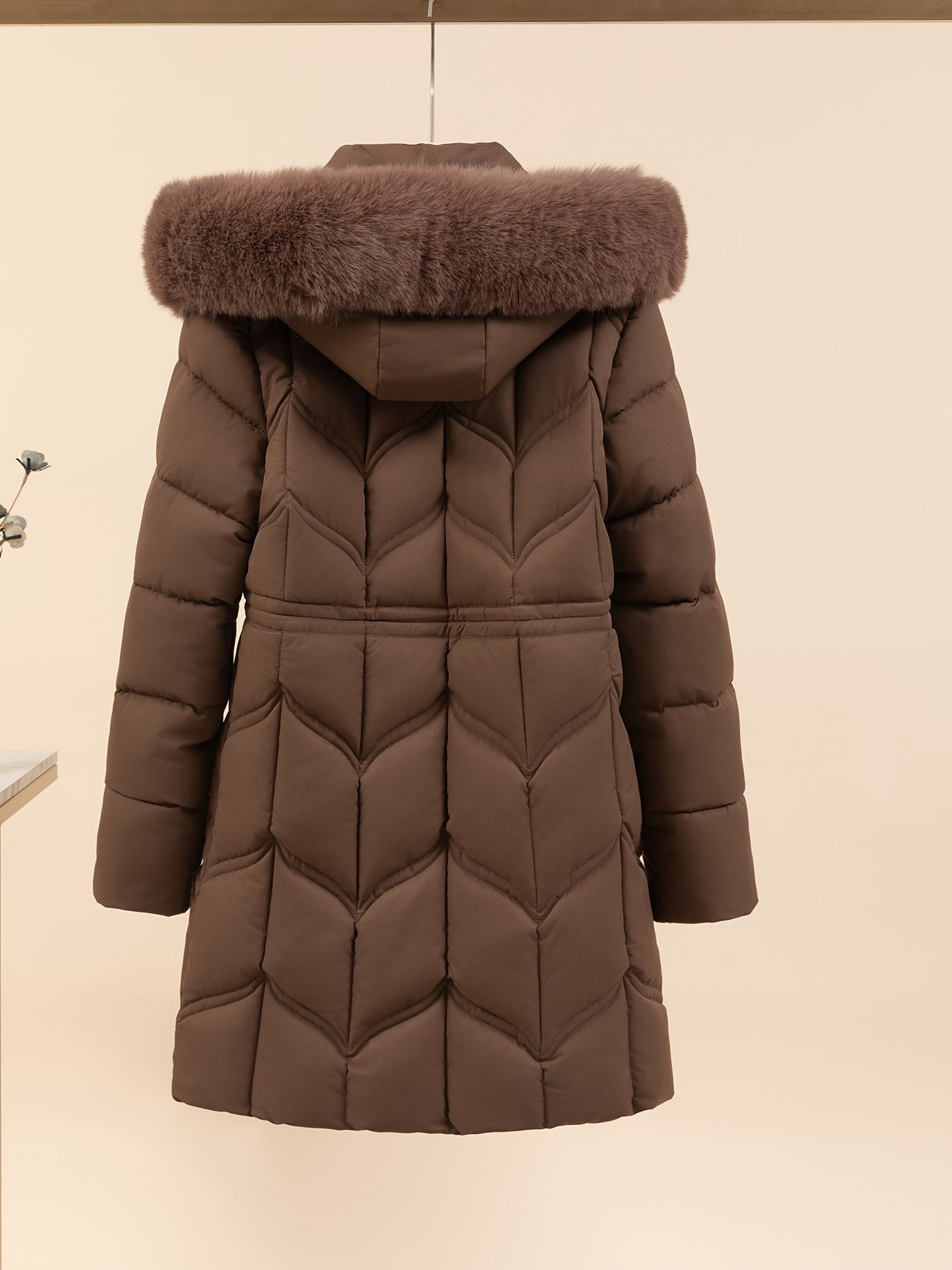 Women’s Long-Sleeve Faux Puffer Jacket, Slim Fit Warm Coat