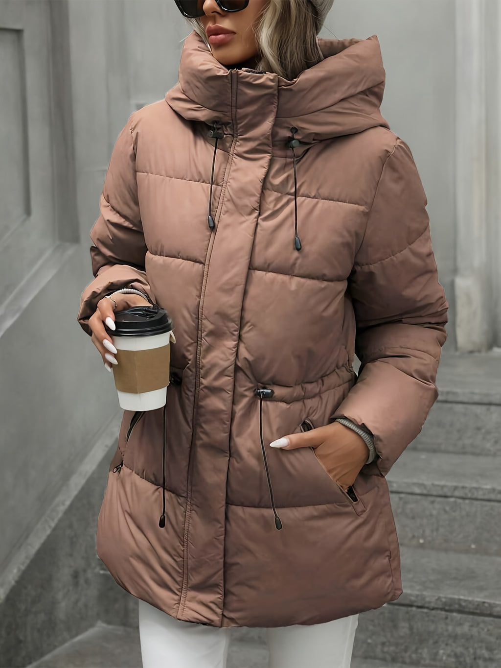 Women’s Windproof Hooded Jacket with Zippered Pockets - Midi Length