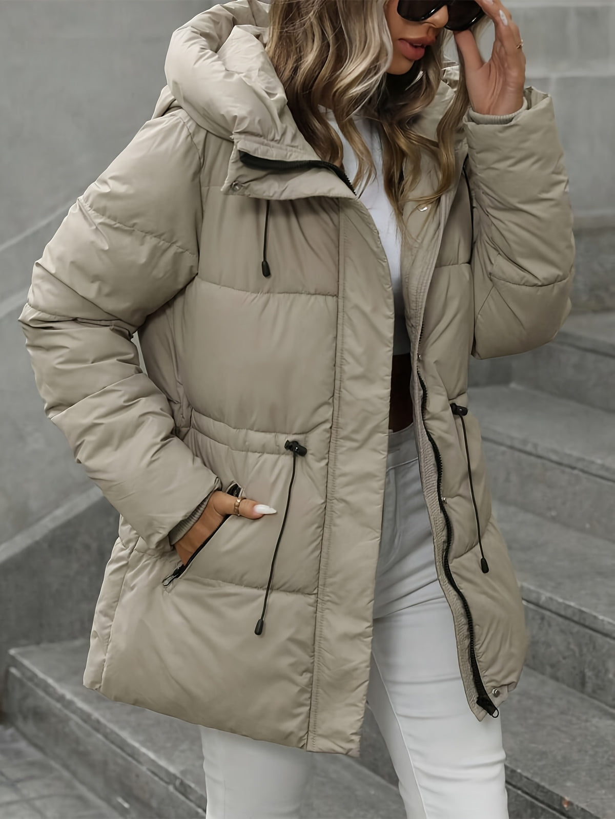 Women’s Windproof Hooded Jacket with Zippered Pockets - Midi Length