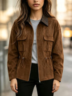 Women’s Drawstring Waist-Cinching Jacket - Casual Corduroy Short Coat