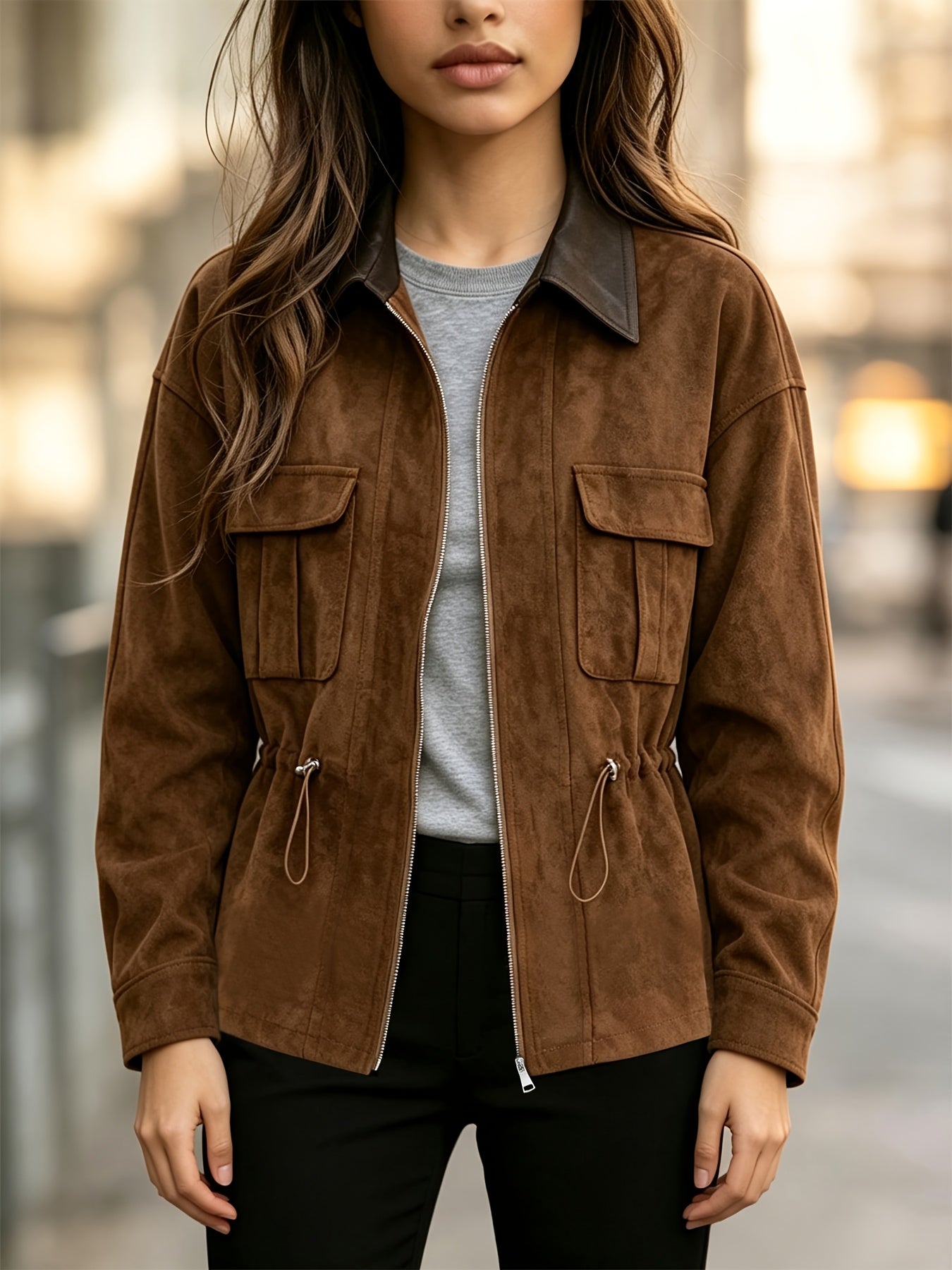 Women’s Drawstring Waist-Cinching Jacket - Casual Corduroy Short Coat