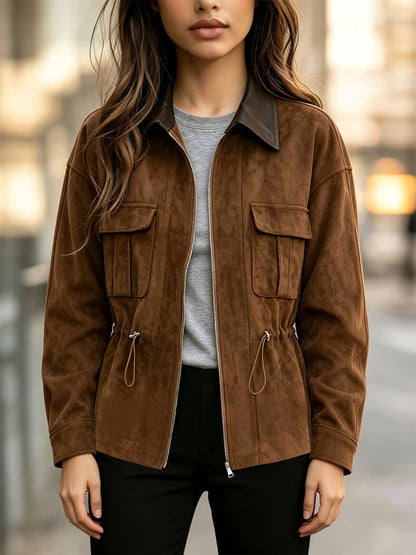 Women’s Drawstring Waist-Cinching Jacket - Casual Corduroy Short Coat